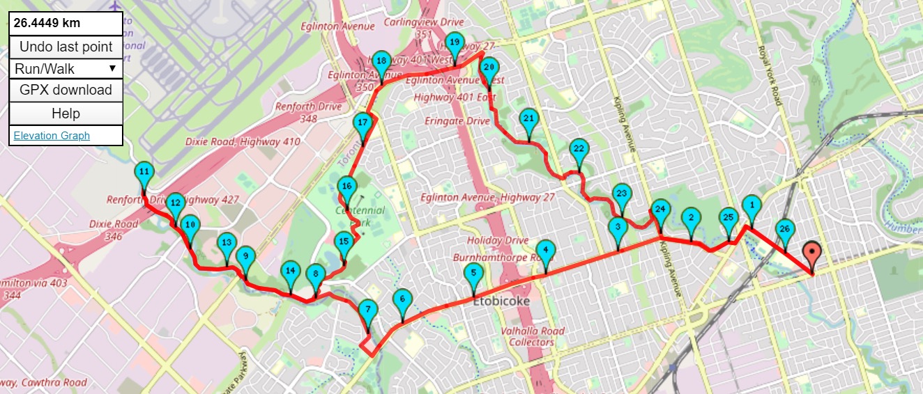 Etobicoke Creek Trail 26.4 km route map